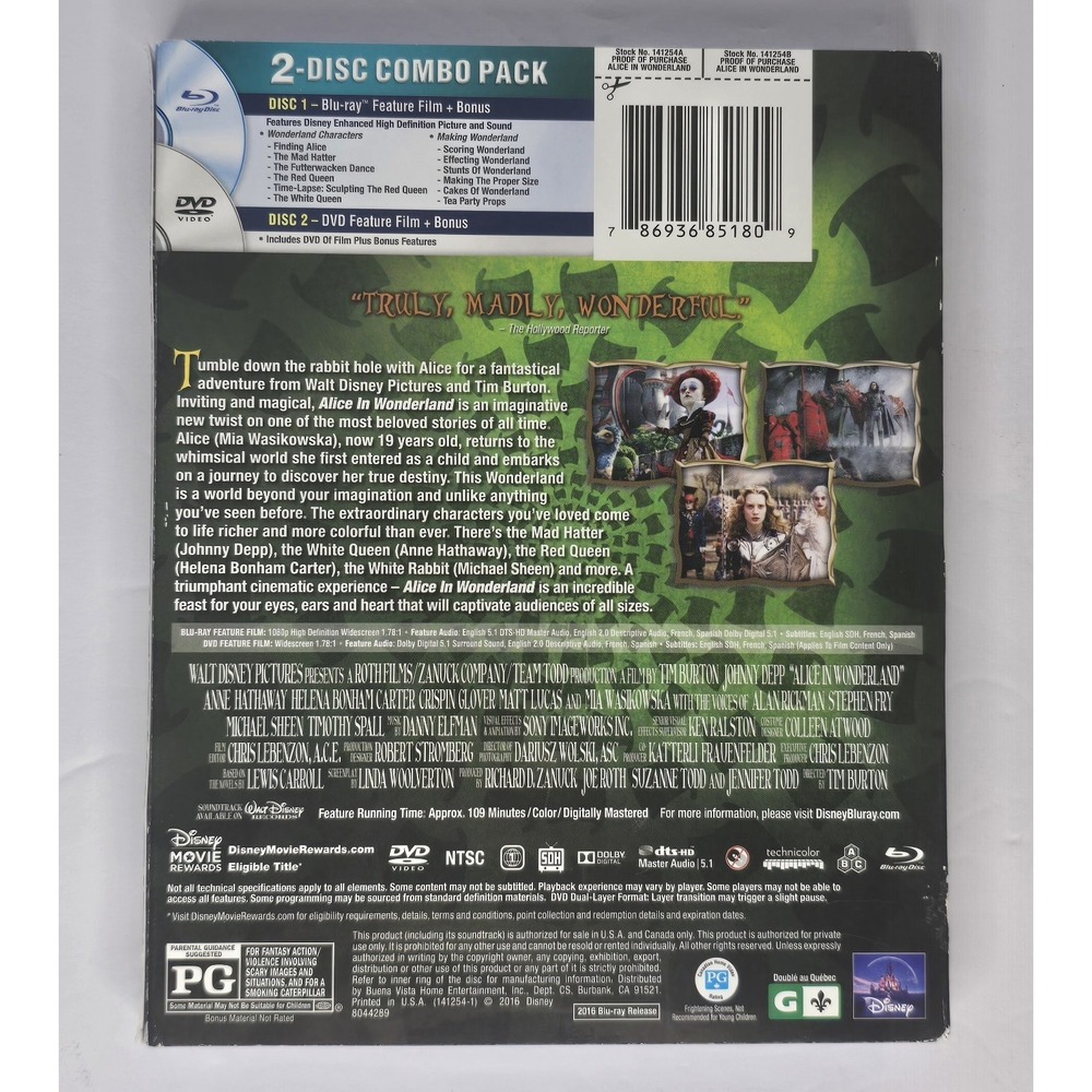 Authentic Disney: Alice in Wonderland (Blu-ray+DVD w/Slip) Johnny Depp BRAND NEW - Picture 4 of 4